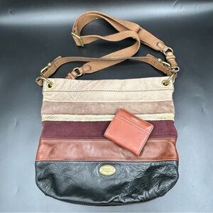 Y2K Fossil Patchwork Leather Shoulder Bag Tote Boho Striped Purse + Wallet